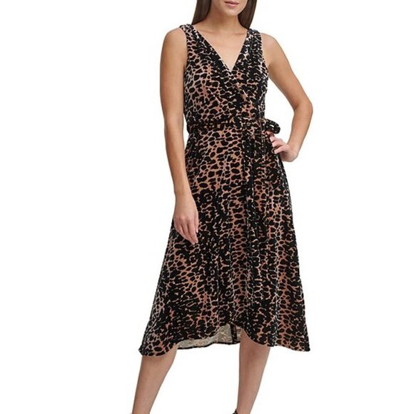 DKNY Surplice V-Neck Sleeveless Velvet Animal Print Dress - Picture 1 of 9